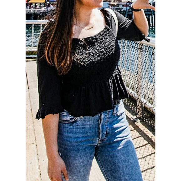 AEO Black Smocked Square Neck Peplum Crop Top - Picture 5 of 5